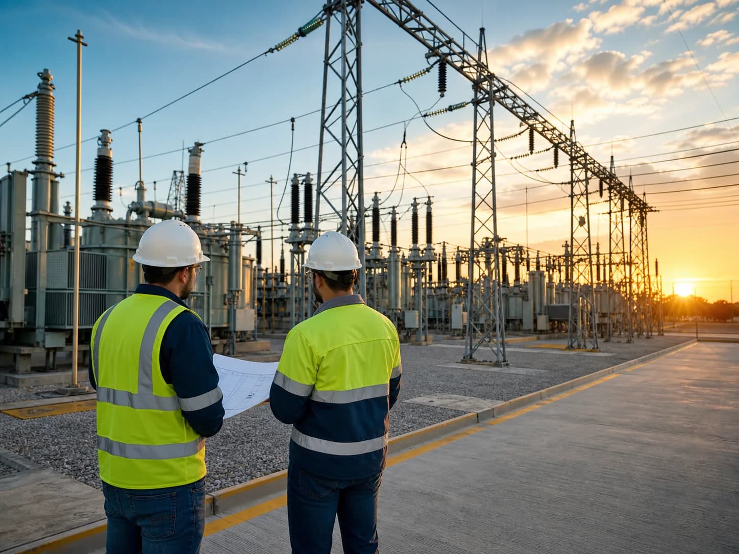 Ingenieros eléctricos revisando una subestación industrial