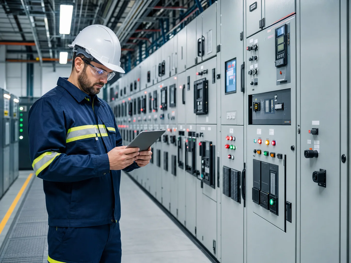 Especialista inspeccionando tableros eléctricos industriales